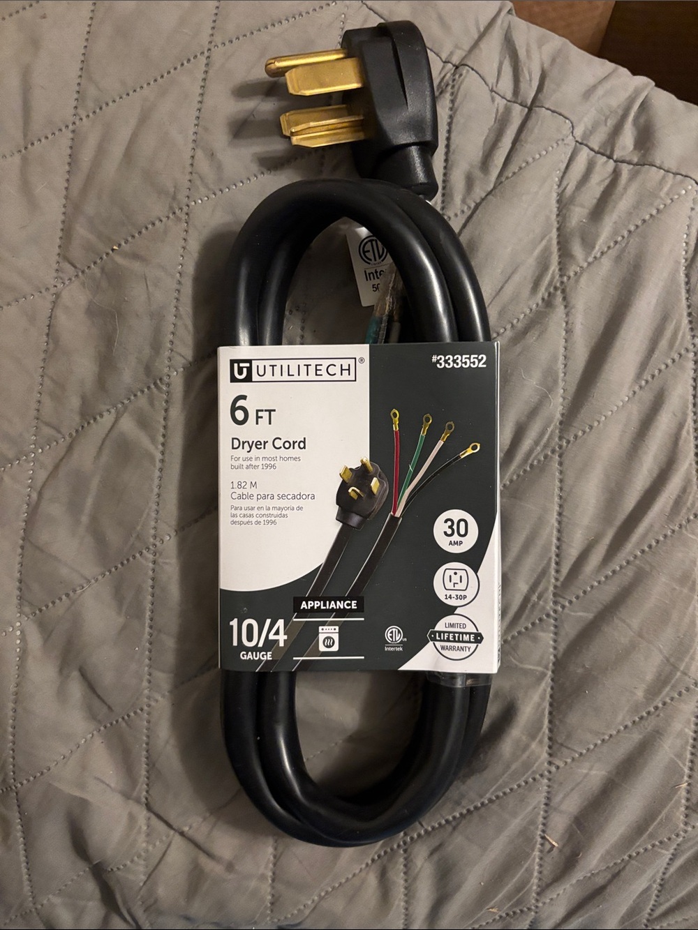 6 ft Black 10/4 Gauge 30A Dryer Cord